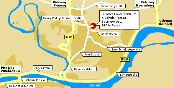 Anfahrtsskizze zur K-Schule, Säumerweg 1 in 94036 Passau/ Grubweg